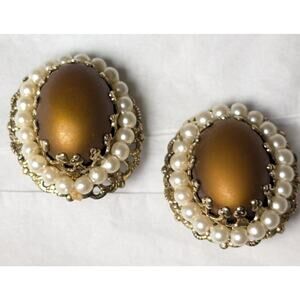 Bronze Stone Clip Earrings VTG SIGNED HONG KONG CLIP ON pearl trim filigree oval